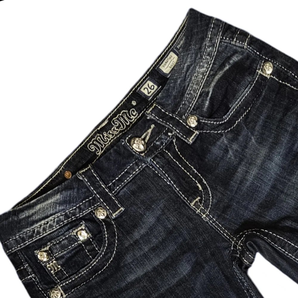 Miss Me Boot Cut Blue Jeans with Vintage Distressing - Picture 7 of 8